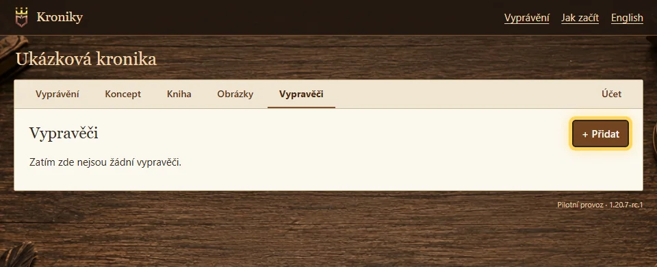 Klientská zóna s tlačítkem Přidat vypravěče