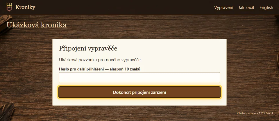 Formulář připojení vypravěče po jednorázové pozvánce